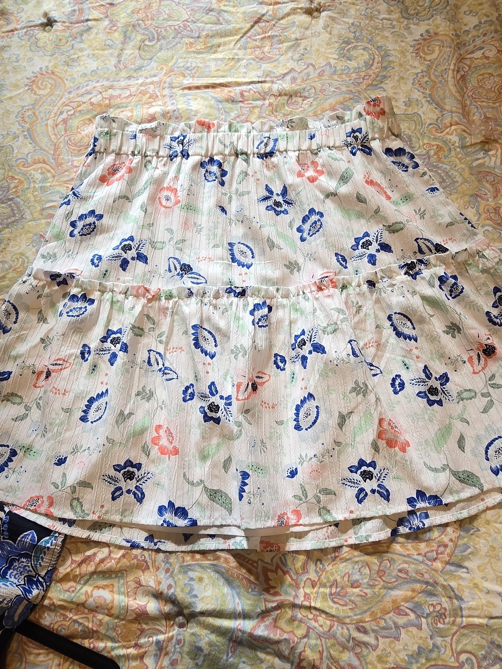 LOFT White Tiered Skirt with Blue and Coral Floral Print